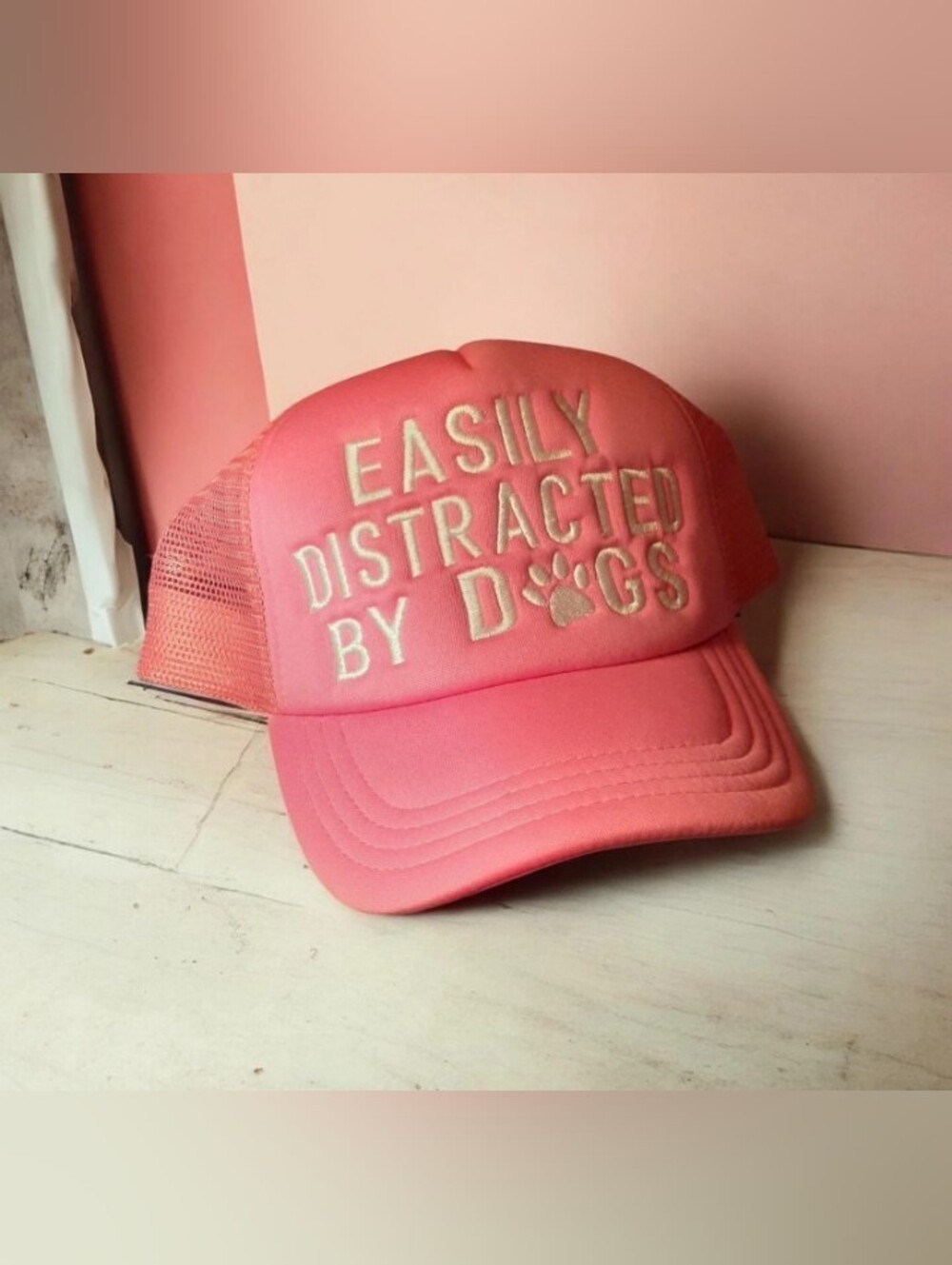 Brand New Hobby Lobby "Easily Distracted By Dogs" Pink Trucker Hat NWOT